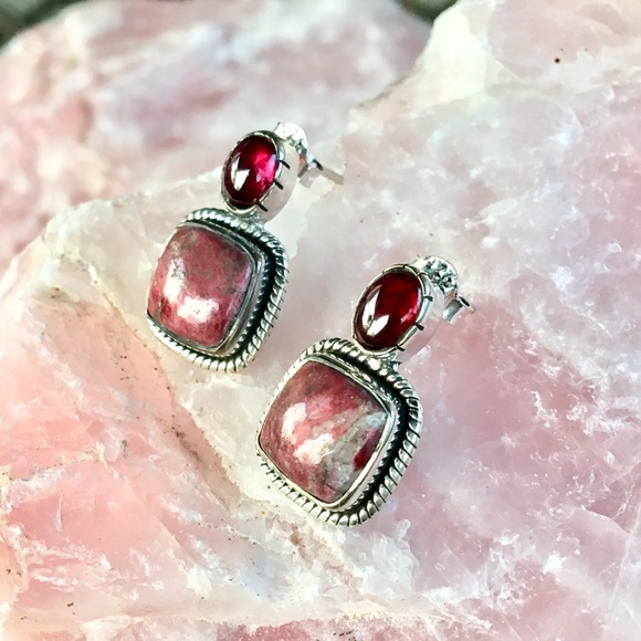 Rubellite + Thulite sterling silver studs NWT - Picture 3 of 7